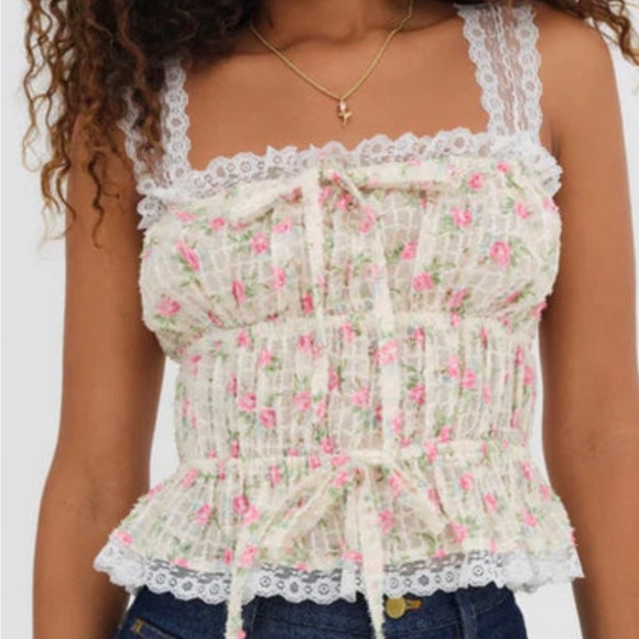 NWT For Love & Lemons Size L — Pink floral Lace Trim Top - Picture 1 of 9